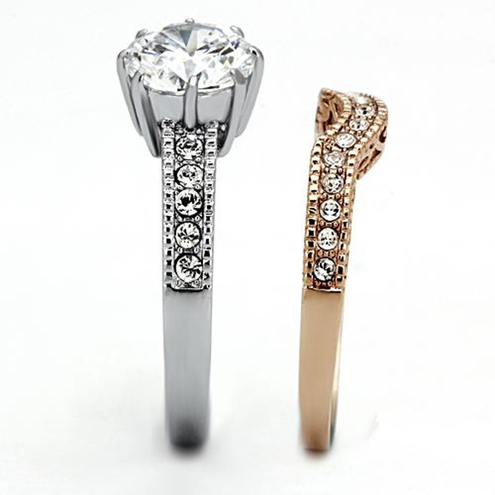 ARTK966 Stainless Steel 2.80 Ct Round Cut Zirconia Rose Gold IP Wedding Ring Set Sz 5-10
